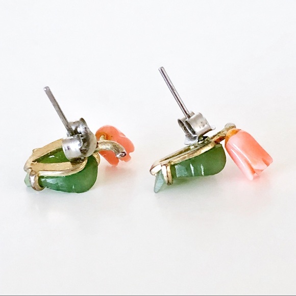 Carved Jade and Coral Stud Earrings - Picture 6 of 9
